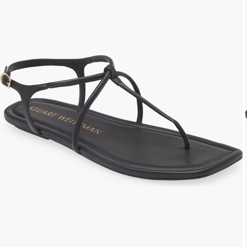 Stuart Weitzman Black Strappy T-Strap Flat Sandals